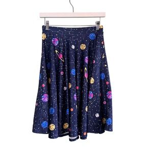 HDE Womens High Waist Flowy Frizzle Space Galaxy Planets Skater Skirt Blue Small